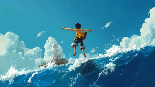 Boy jumps toward sailing ship across dynamic ocean wave