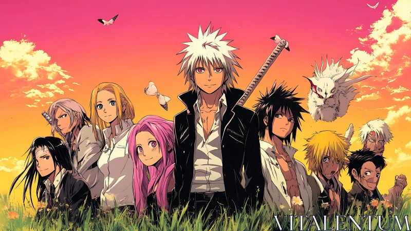 Anime heroes stand united under blazing sunset sky.