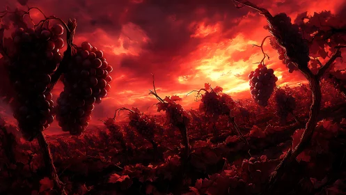 Crimson vineyard dusk with looming grapes under fiery sky.