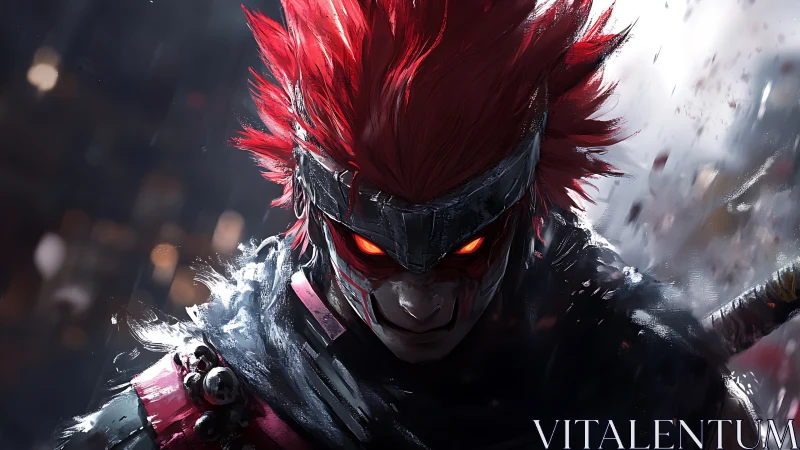 Red haired masked warrior is rendered in dynamic close focus