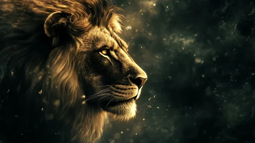 Golden lion profile glows against deep cosmic darkness.