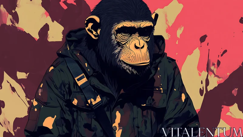 Paramilitary chimp portrait in stylized chromatic field.