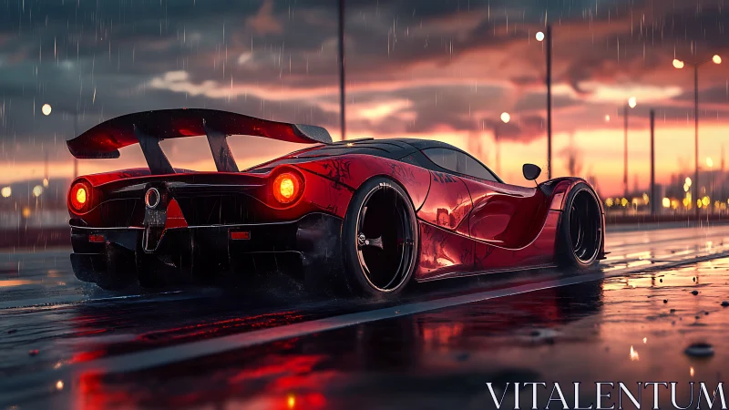 Sunset rain reflecting off a sleek red supercar’s curves.