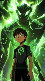 Young hero stands before glowing armored entity