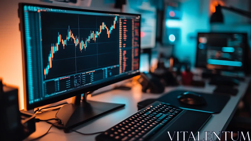 Neon-lit trading desk where candlesticks dance and glow.