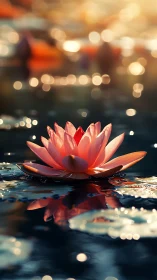 Sunlit pink lotus in cinematic shallow-focus pond scene.