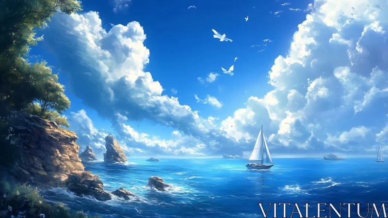 High-contrast seascape renders sailboats under volumetric cumulus clouds