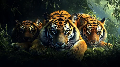 Three Bengal tigers resting in dense jungle vegetation with diffused forest light.
