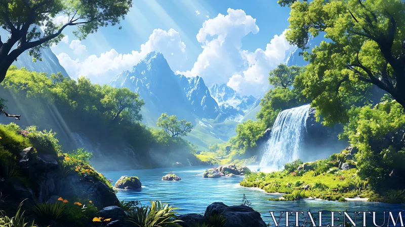 Sunlit mountain waterfall haven with calm crystal river.