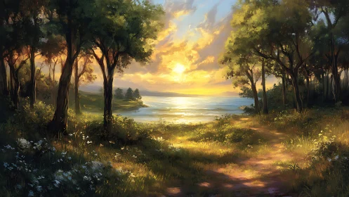 Sunlit forest path opening onto tranquil lakeside horizon.