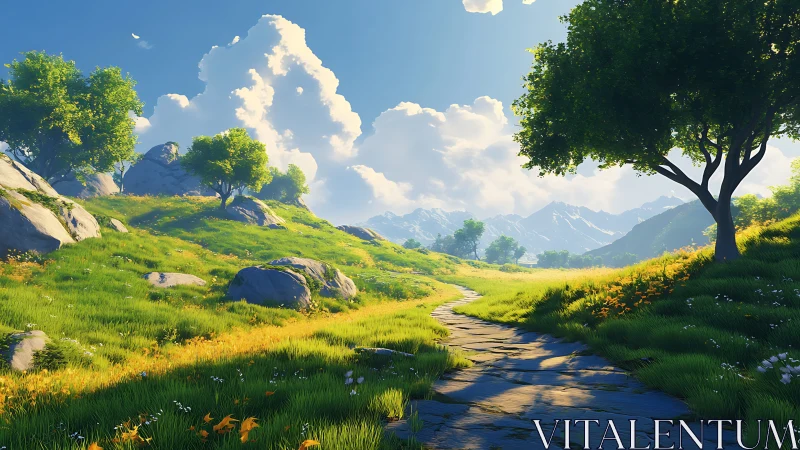 Procedural alpine meadow path under volumetric daylight sky.