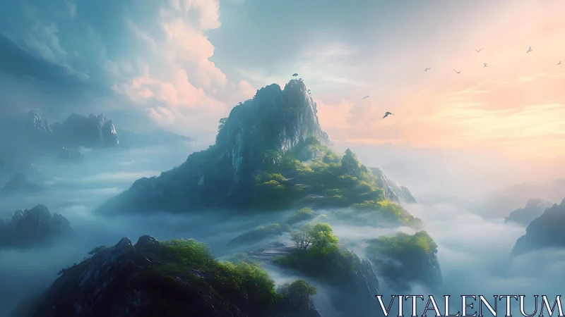 Mythic mountain island rising through glowing cloud sea.