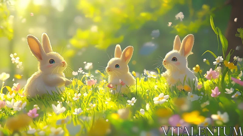 Gentle sunlight gathers three baby rabbits in a flower meadow