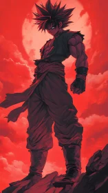 Warrior stands defiant beneath blazing crimson moon.