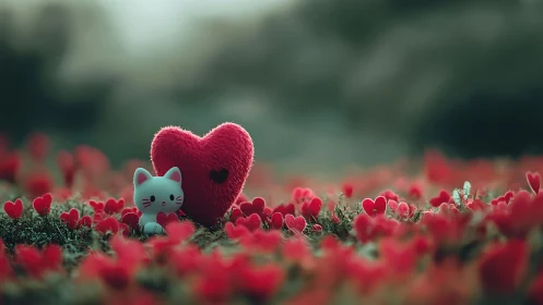 Ceramic Cat Figurine Among Red Heart Flowers in Pastoral Field