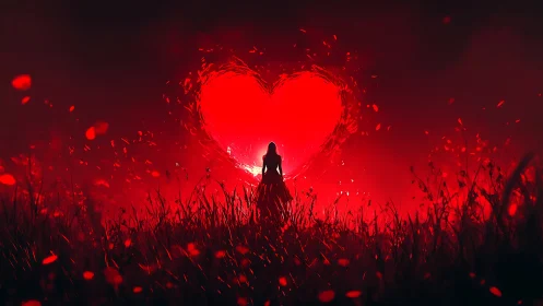 Solitary Figure in Glowing Heart Landscape. Digital.