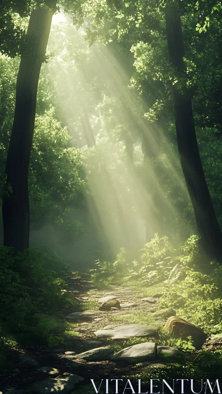 Sunlight breaks through towering forest cathedral in hushed splendor