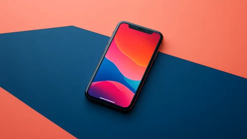 Smartphone with Vibrant Gradient Display on Geometric Background