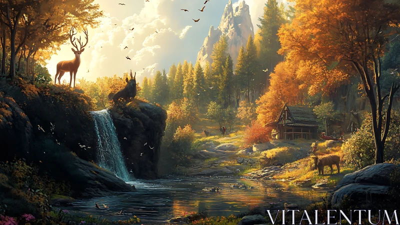 Autumn forest valley with deer, waterfall, cabin and mountains