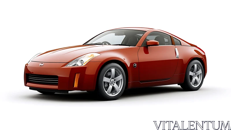 3D studio render of red sports coupe with clean white backdrop.