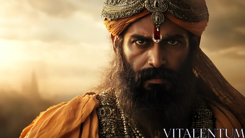 Regal warrior portrait in ornate turban at golden dusk.