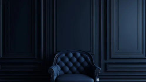 Monochrome tufted armchair in neoclassical panelled interior.