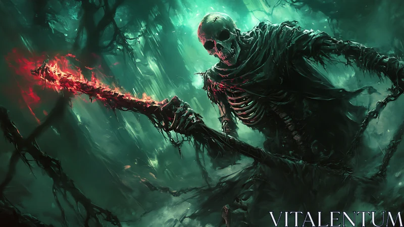 Grim reaper wreathed in emerald fog brandishes blazing scythe.
