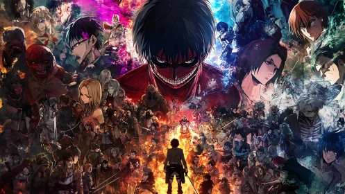 Climactic anime battle collage with fiery central titan focus.