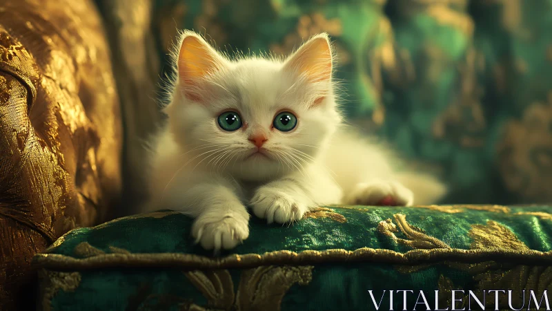 White Kitten with Jade Eyes on Ornate Cushion.