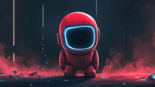 Neon-suited astronaut stands on glowing alien terrain.