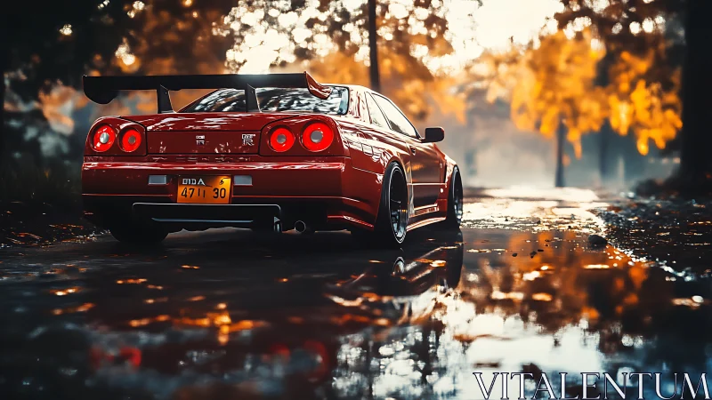 Red performance coupe on wet autumn road with deep bokeh light