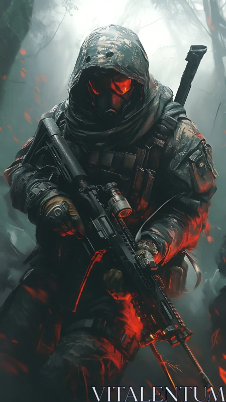 Armored rifleman advances through foggy forest with weapon ready