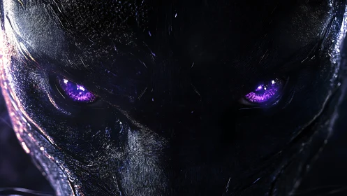 Close-quarters feline visage with luminous violet oculars.