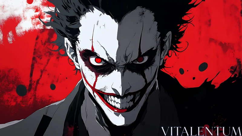 Sinister grinning villain portrait on blood red background.