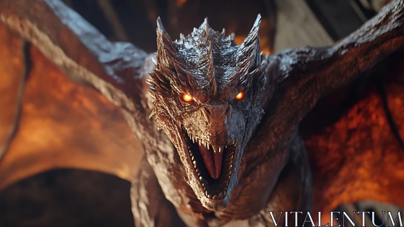 Fiery-eyed dragon roars in close-up cavern scene.