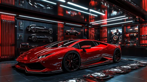 Red hypercar glows inside neon-lit futuristic workshop.