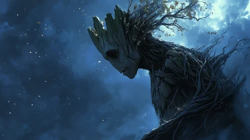 Arboreal humanoid silhouette rendered in high-contrast moonlit haze