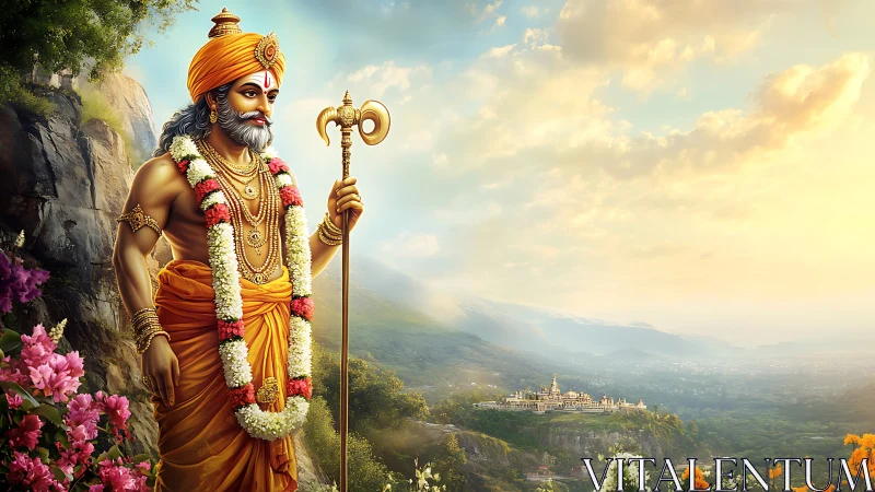 Hindu sage stands over valley temple under radiant sunrise