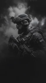 Tactical operator in night-vision gear against storm clouds.