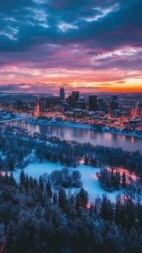 Winter city skyline glows beneath vivid sunset clouds.