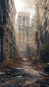Decayed urban alleyway with derelict midrise tower backdrop
