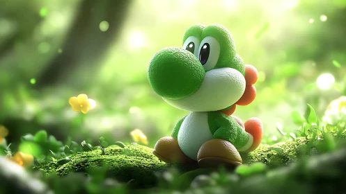 Gentle green dino toy daydreams in a glowing forest meadow.