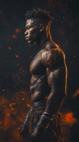 Powerful fighter pauses in glowing embers and quiet focus