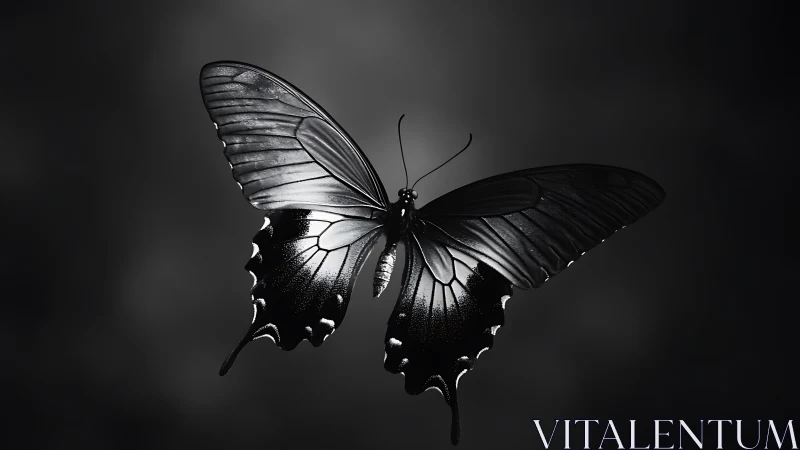 Monochrome butterfly in focused light on dark background.