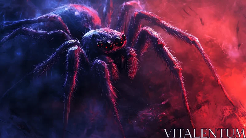 Giant neon spider stalks through eerie red and blue haze