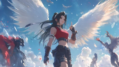 Winged warrior girl standing bold in a bright open sky.