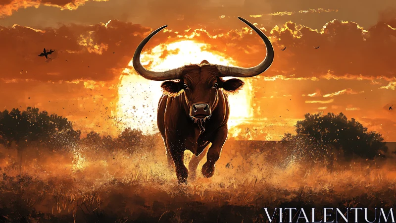 Charging bull silhouette cuts blazing desert sunset sky.