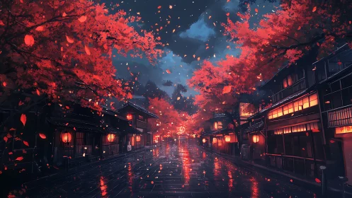 Night street with red maple trees and traditional buildings.