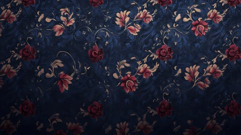 Dark blue floral wallpaper with red and beige blossoms pattern.