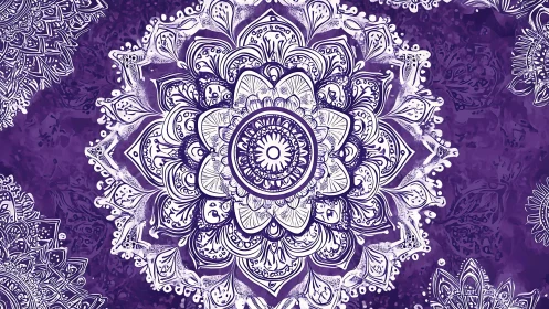 Ornate white mandala on textured violet radial field.